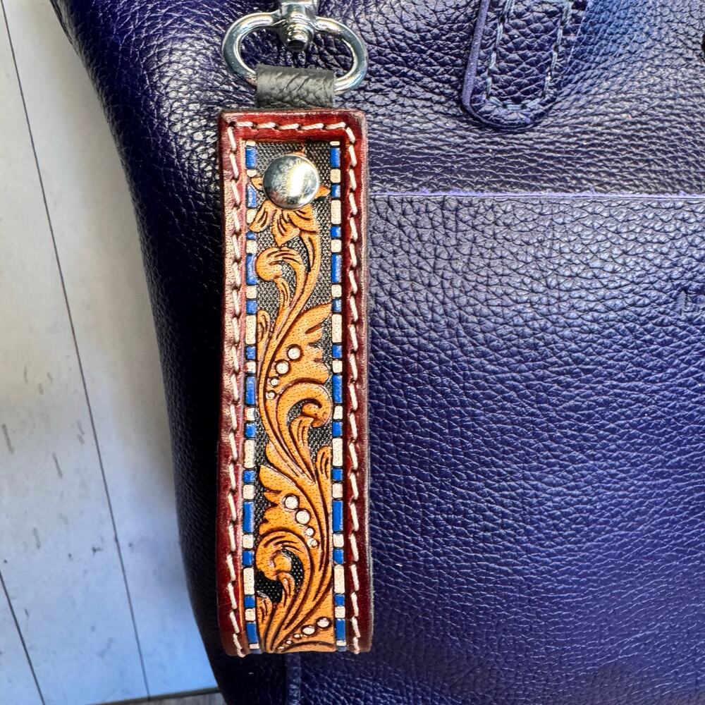 Genuine Leather Key Holder Tooled Leather Western Keychain Blue Brown NEW!